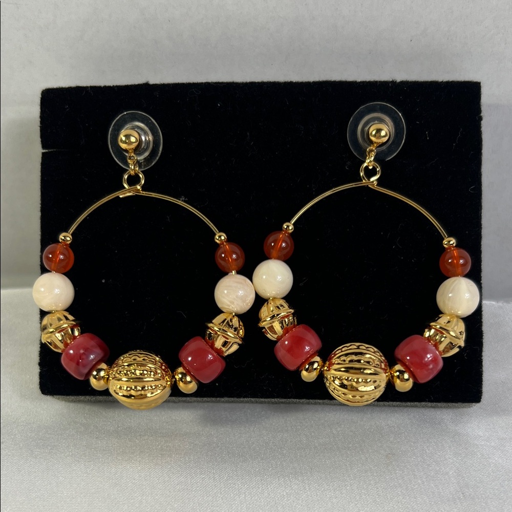 Chic Gold and Red Beaded Hoop Earrings Bohemian Bold globally-inspired aesthetic
